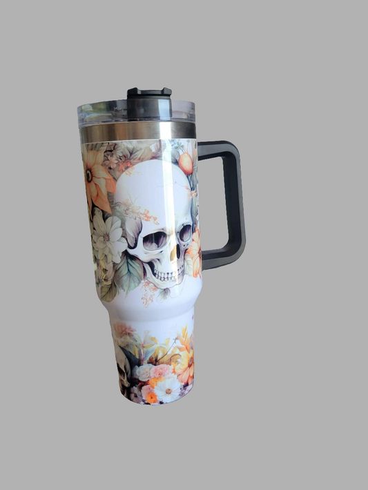 40oz Skull and flower tumbler with black handle